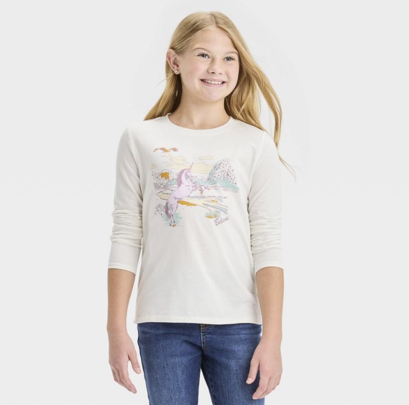 Girls' Long Sleeve 'Unicorn' Graphic T-Shirt - Cat & Jack™ Cream