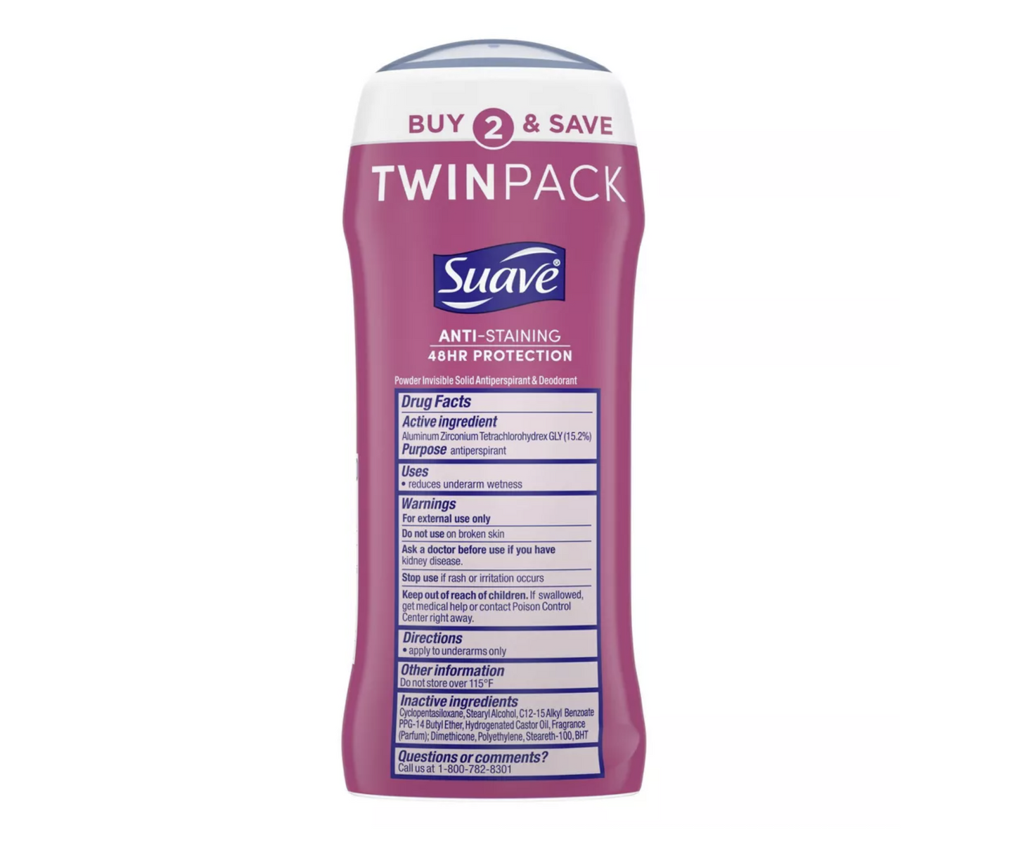 Suave Powder Anti-Staining 48-Hour Antiperspirant & Deodorant Stick - 2.6oz/2pk