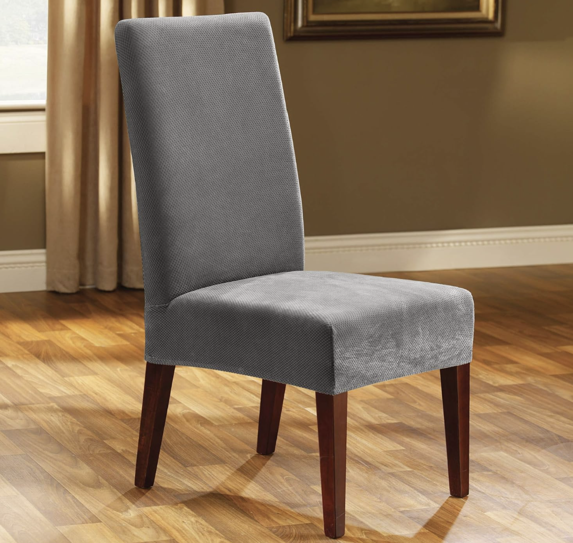 SureFit Home Décor, Stretch Pique Short Dining Room Chair Cover, Form Fit, Polyester/Spandex, Machine Washable, One Piece (Flannel Gray)