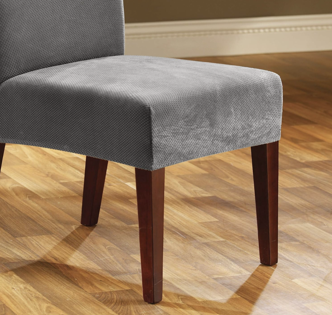 SureFit Home Décor, Stretch Pique Short Dining Room Chair Cover, Form Fit, Polyester/Spandex, Machine Washable, One Piece (Flannel Gray)