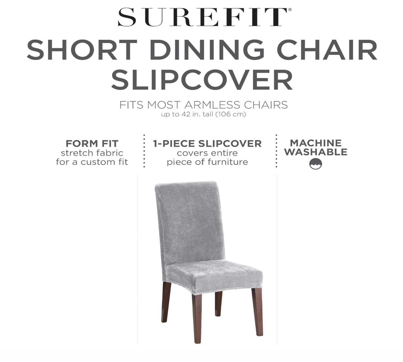 SureFit Home Décor, Stretch Pique Short Dining Room Chair Cover, Form Fit, Polyester/Spandex, Machine Washable, One Piece (Flannel Gray)