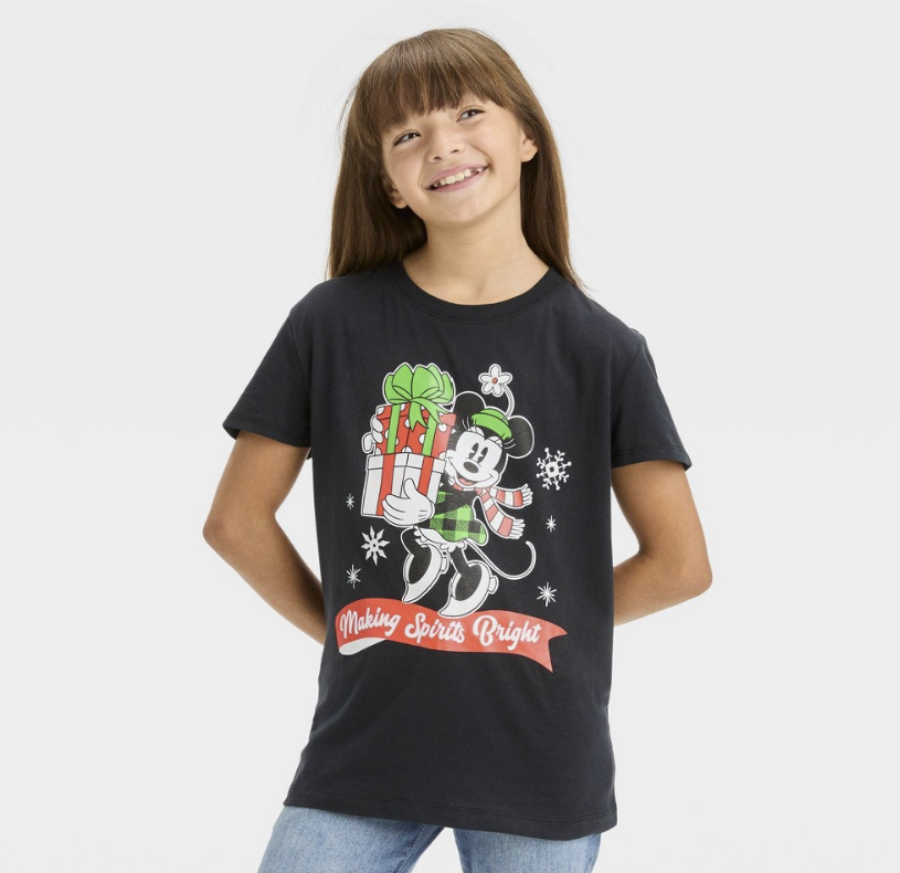 Girls' Disney Minnie Mouse 'Making Spirits Bright' Short Sleeve Graphic T-Shirt - Black,XL(14)