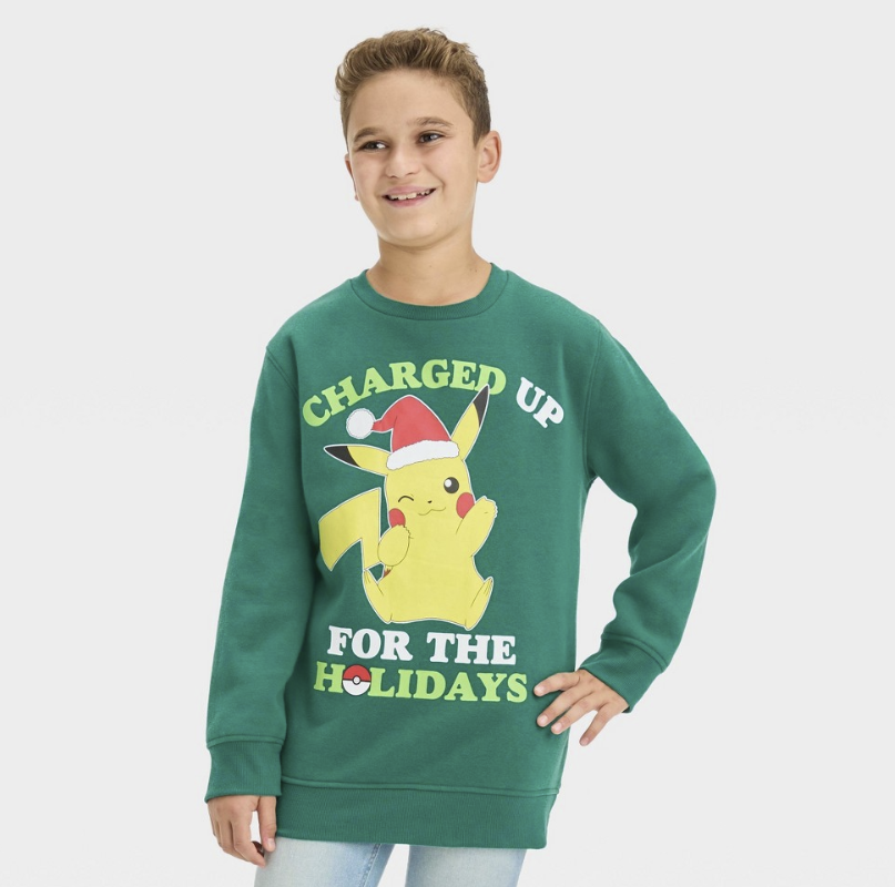 Boys' Pokemon Pikachu Holiday Pullover Sweatshirt - Green