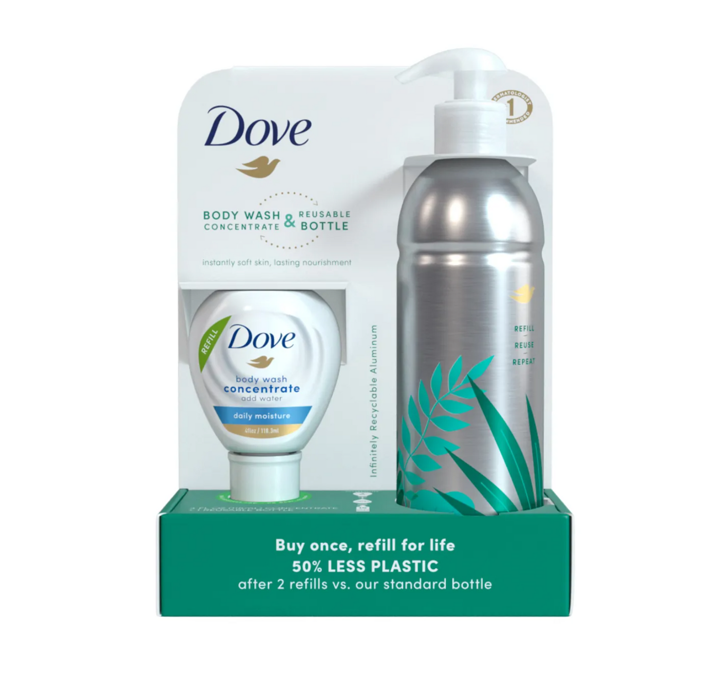 Dove Beauty Daily Moisture Body Wash Refill Concentrate & Reusable Aluminum Bottle - 4 fl oz/Makes 16 fl oz