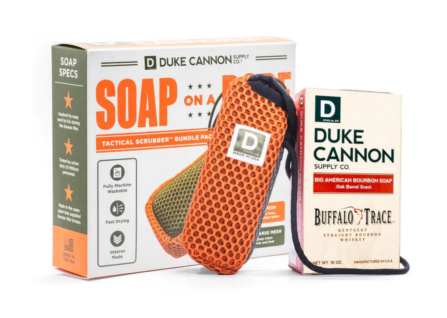Duke Cannon Tactical Scrubber + Soap Set - Soap on a Rope with Big American Bourbon Soap - 10 oz