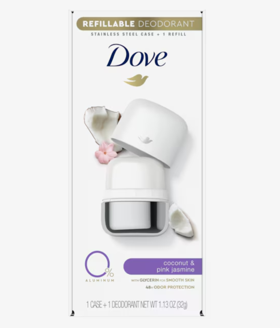 Dove Beauty 0% Aluminum Coconut & Pink Jasmine 48-Hour Refillable Deodorant Stick - 1 Stainless Steel Case + 1 Refill - 1.13oz/2pk