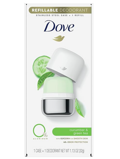Dove Beauty 0% Aluminum Cucumber & Green Tea 48-Hour Refillable Deodorant Stick - 1 Stainless Steel Case + 1 Refill - 1.13oz