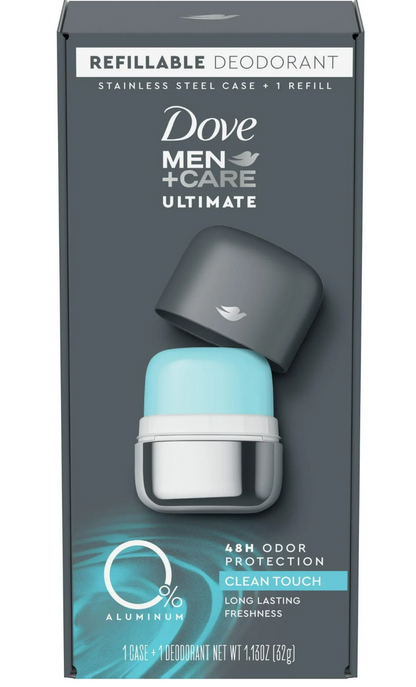 Dove Men+Care 0% Aluminum Clean Touch Refillable Deodorant Stainless Steel Case + 1 Refill - 1.13oz