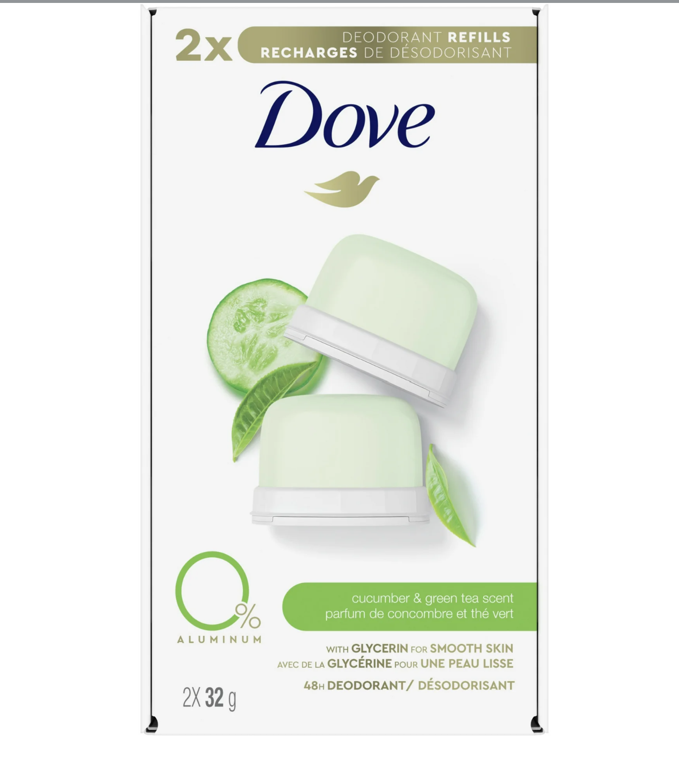 Dove Beauty 0% Aluminum Cucumber & Green Tea 48-Hour Deodorant Stick 1.13 Ounce 2 Refills