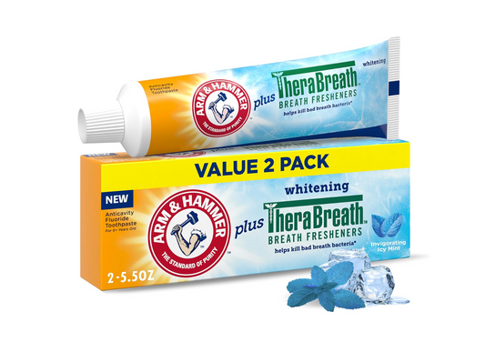 ARM & HAMMER Toothpaste Plus TheraBreath Breath Fresheners, Invigorating ICY Mint Flavor, Whitening Anticavity Fluoride Toothpaste for Bad Breath, 5.5