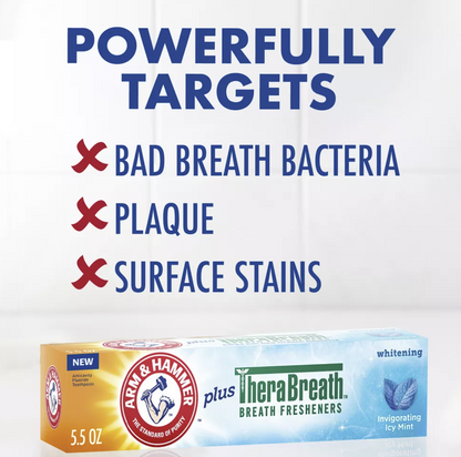 ARM & HAMMER Toothpaste Plus TheraBreath Breath Fresheners, Invigorating ICY Mint Flavor, Whitening Anticavity Fluoride Toothpaste for Bad Breath, 5.5