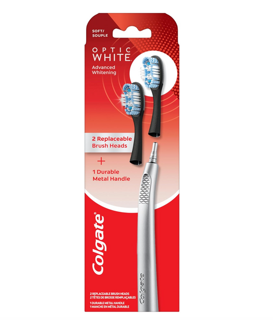 Colgate Optic White Toothbrush with Metal Handle and 2 Replaceable Brush Heads - Silver - Soft