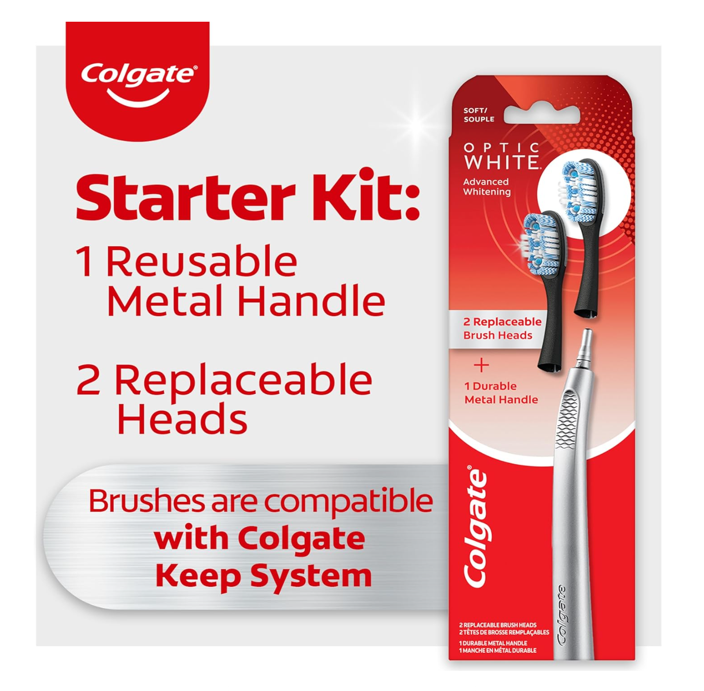 Colgate Optic White Toothbrush with Metal Handle and 2 Replaceable Brush Heads - Silver - Soft