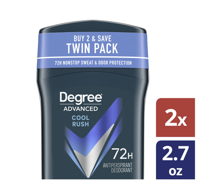 Degree, Men Advanced Protection, Antiperspirant Deodorant, Cool Rush, 2 count, 72-Hour, Sweat and Odor Protection, Antiperspirant, For Men With MotionSense Technology, 2.7 oz