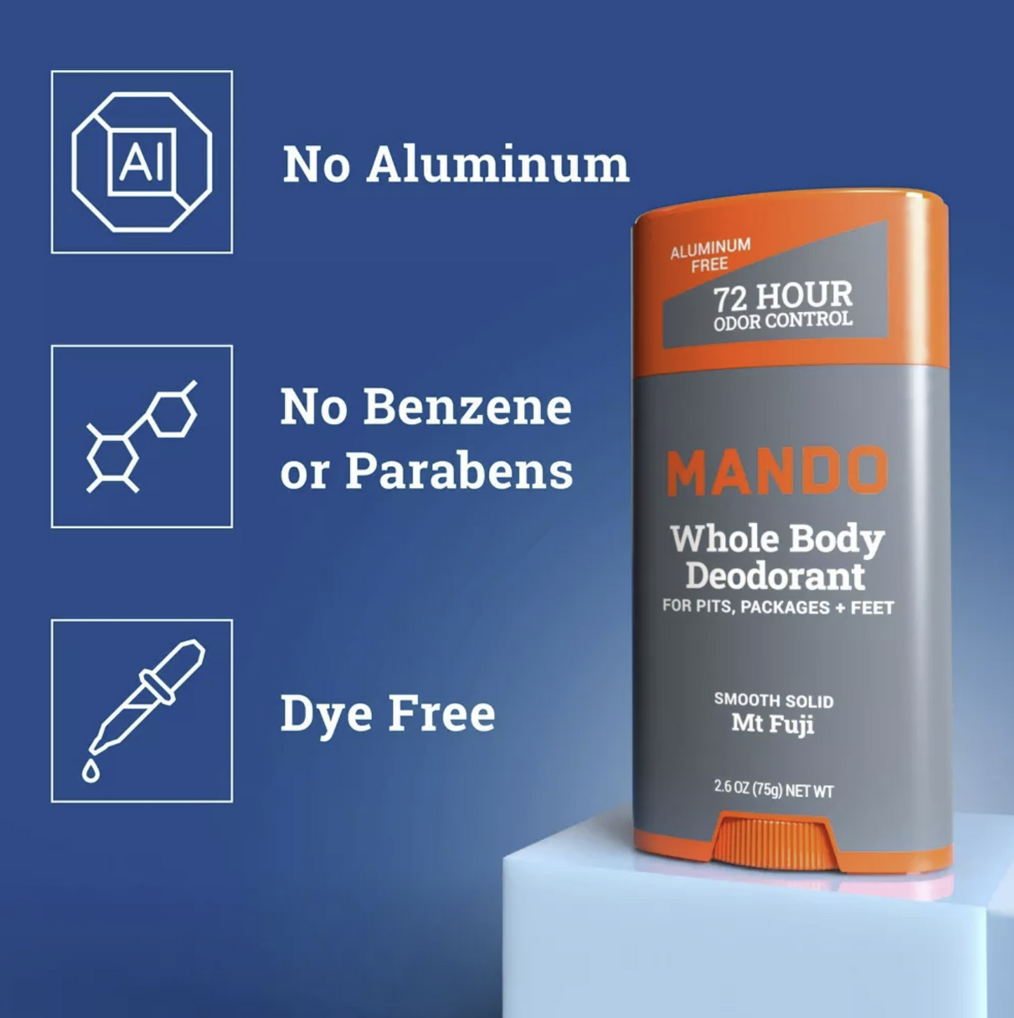Mando Whole Body Deodorant - Men's Aluminum-Free Smooth Solid Stick Deodorant - Mt Fuji - 2.6oz