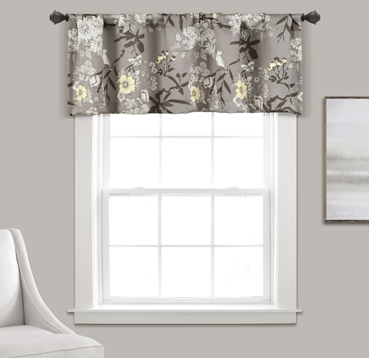 Lush Decor Botanical Garden Curtains Floral Bird Print Light Filtering Window Valance Drapes for Living, Dining, Bedroom, Gray, 52"W x 18L"