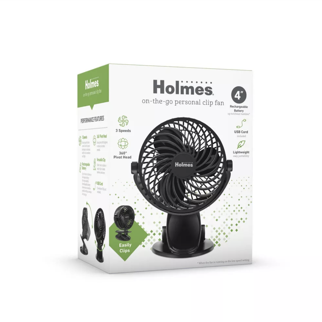 Holmes 4" On-The-Go Portable Clip Rechargeable Battery 360° Rotation Fan Black