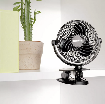 Holmes 4" On-The-Go Portable Clip Rechargeable Battery 360° Rotation Fan Black