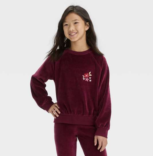 Girls' Crew Neck Velour Pullover Sweatshirt - Cat & Jack™ Burgundy