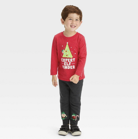 Toddler Boys' 2pc Long Sleeve Holiday Graphic T-Shirt and Fleece Jogger Pants Set - Cat & Jack™ Red 2T