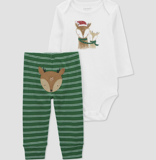 Carter's Just One You® 2pc Baby Reindeer Striped Coordinate Set - Green,3 Months