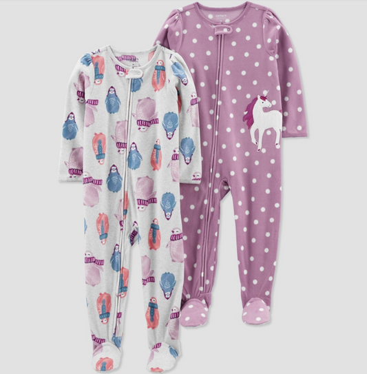 Carter's Just One You® Toddler Girls' 2pk Penguins and Polka Dot Unicorn Fleece Footed Pajama - Gray/Purple ,18M