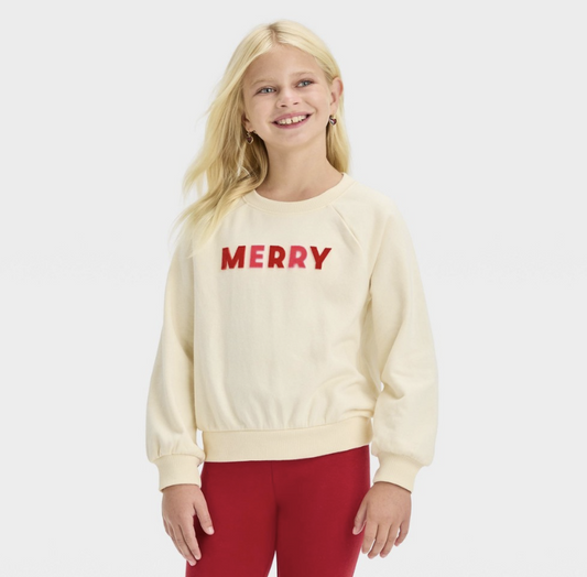 Holiday Merry Girls' Crew Neck French Terry Pullover Sweatshirt - Cat & Jack™ Off-White, M(8)