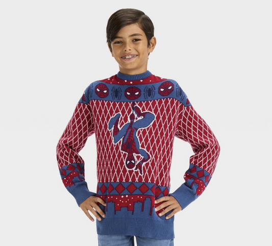 Boys' Marvel Spider-Man Holiday Pullover Sweater - Burgundy/Blue ,XL, Marvel