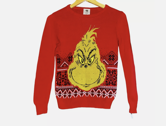 Dr. Seuss The Grinch Kids Christmas Holiday Sweater Size Small Knit Ugly Red Pullover,S(6/7)