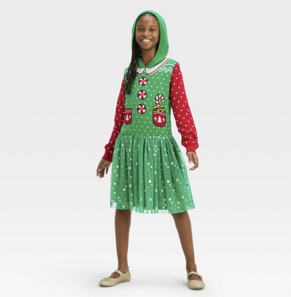 Girls Green & Red Knit Christmas Elf Hoodie Holiday Tulle Dress