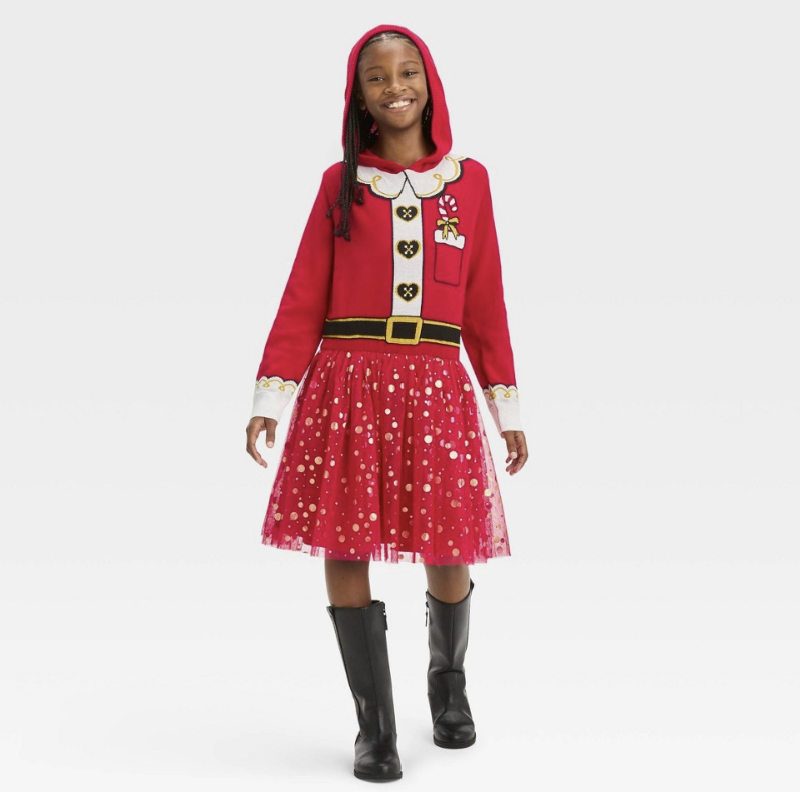 Well Worn Girls' Santa Sweater Dress - Red