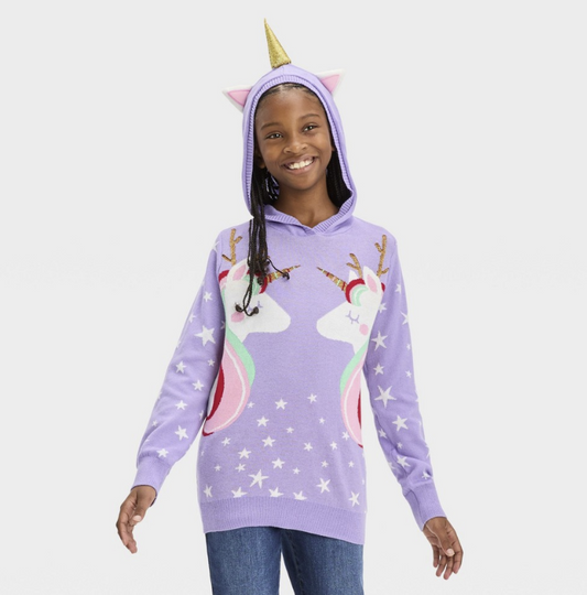 Girls Purple Holiday Unicorn Stars Sparkles Hoodie Sweater Christmas