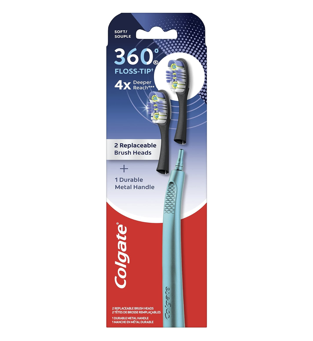 Colgate 360 Floss Tip Replaceable Head Toothbrush Starter Kit, 2 Brush Heads and Metal Handle