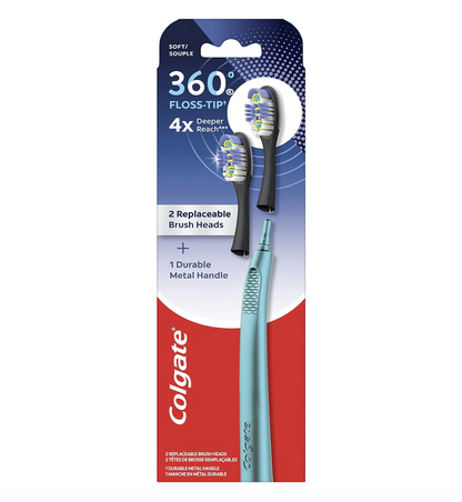Colgate 360 Floss Tip Replaceable Head Toothbrush Starter Kit, 2 Brush Heads and Metal Handle