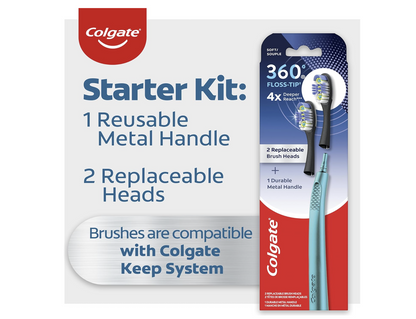Colgate 360 Floss Tip Replaceable Head Toothbrush Starter Kit, 2 Brush Heads and Metal Handle