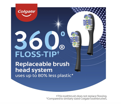 Colgate 360 Floss Tip Replaceable Head Toothbrush Starter Kit, 2 Brush Heads and Metal Handle