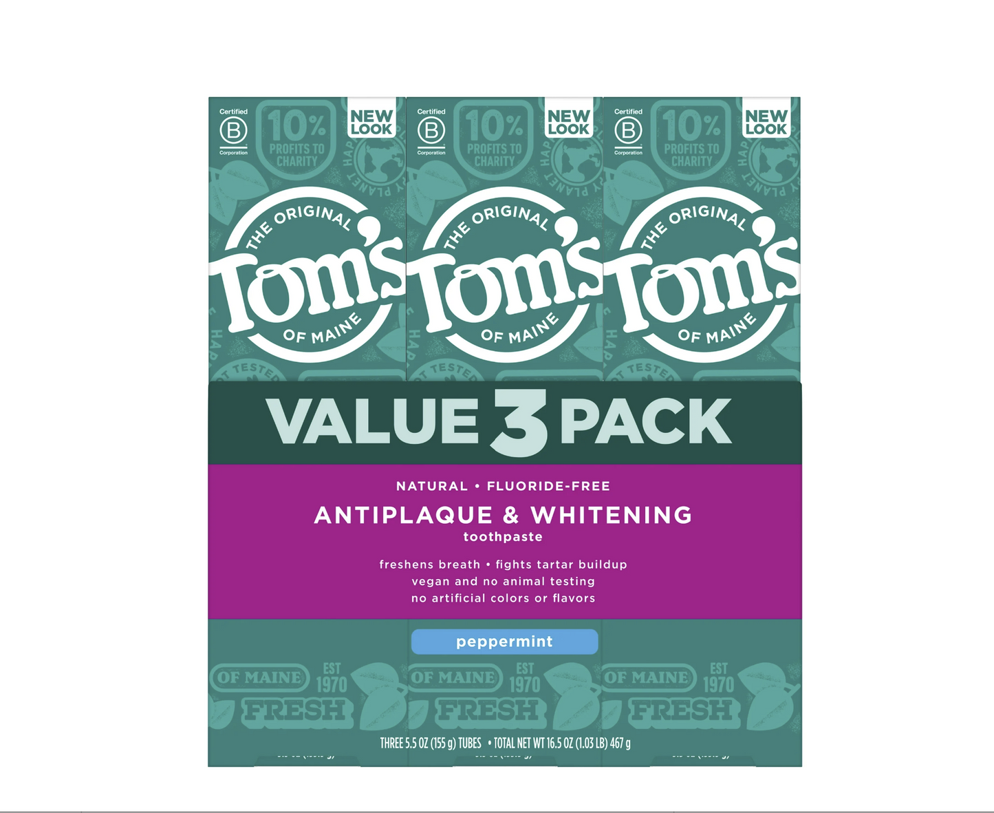 Tom's of Maine Fluoride-Free Antiplaque & Whitening Natural Toothpaste, Peppermint, 5.5 oz. 3-Pack