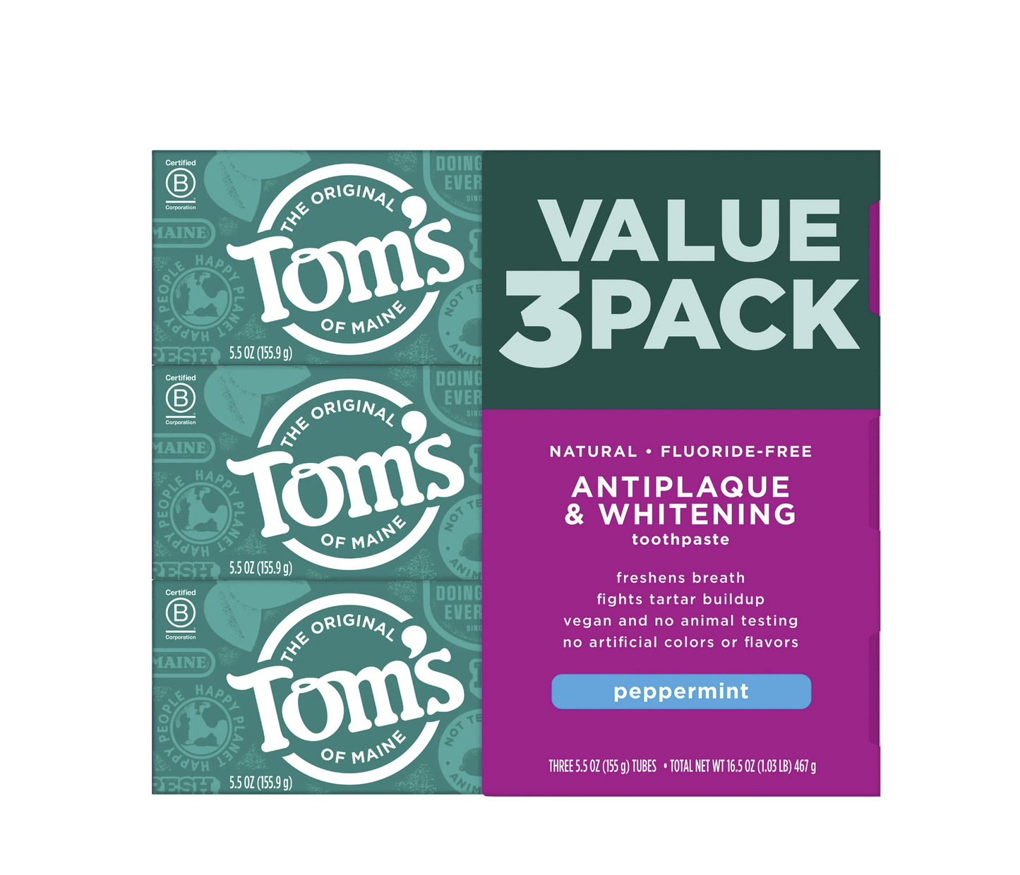 Tom's of Maine Fluoride-Free Antiplaque & Whitening Natural Toothpaste, Peppermint, 5.5 oz. 3-Pack